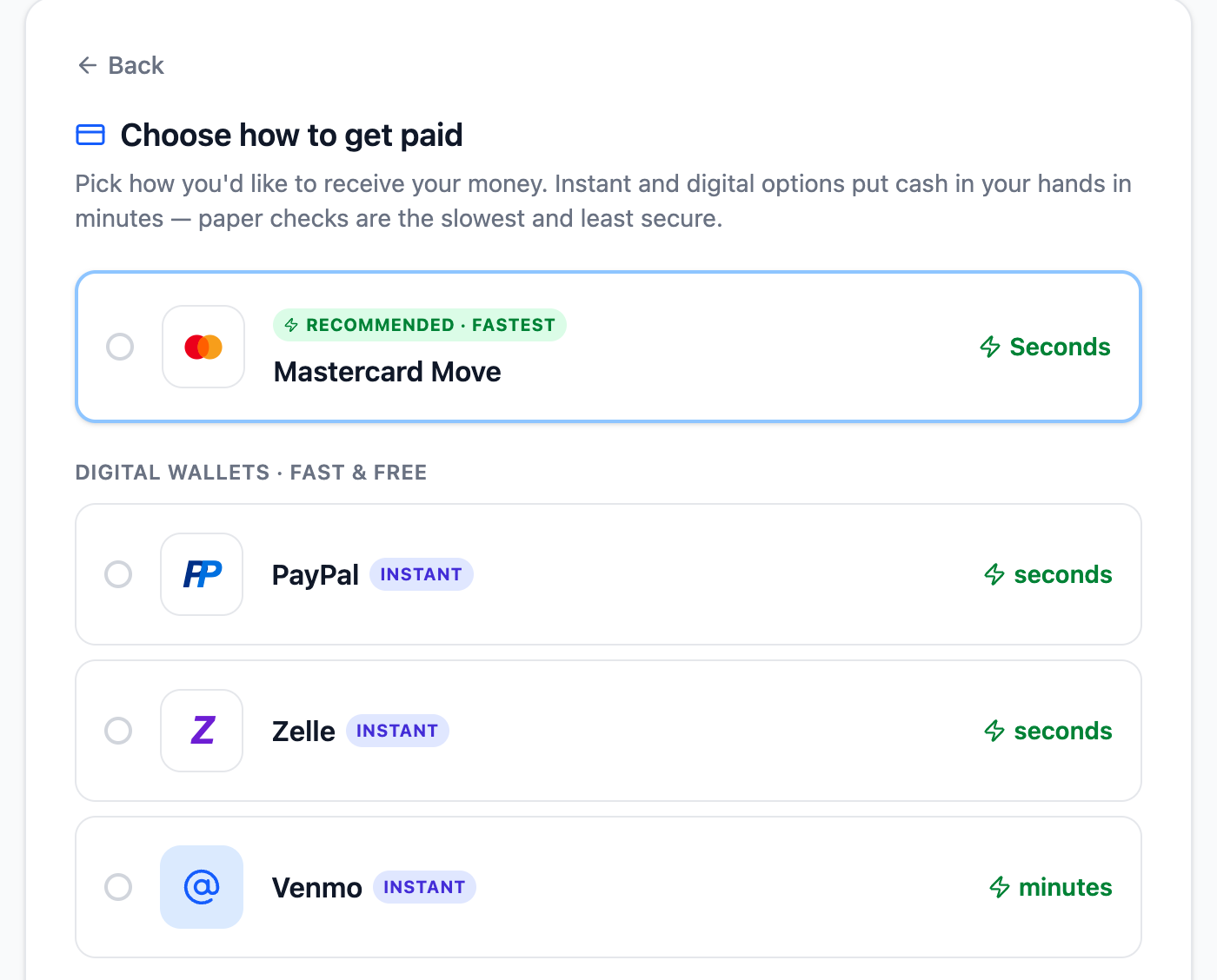 Payee choosing a payout method