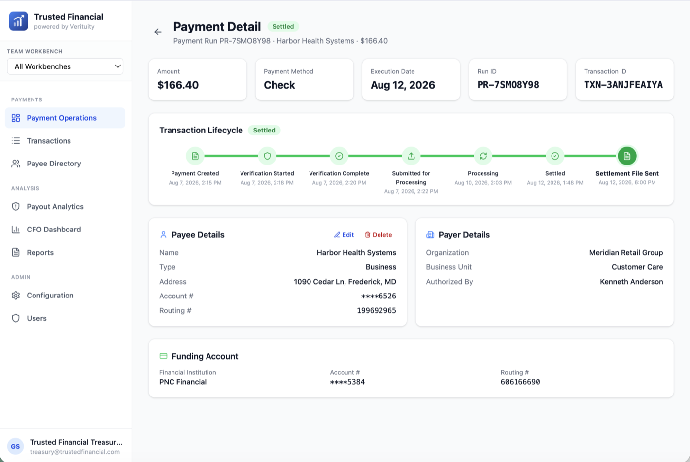 Verituity platform, payment detail with the verification lifecycle