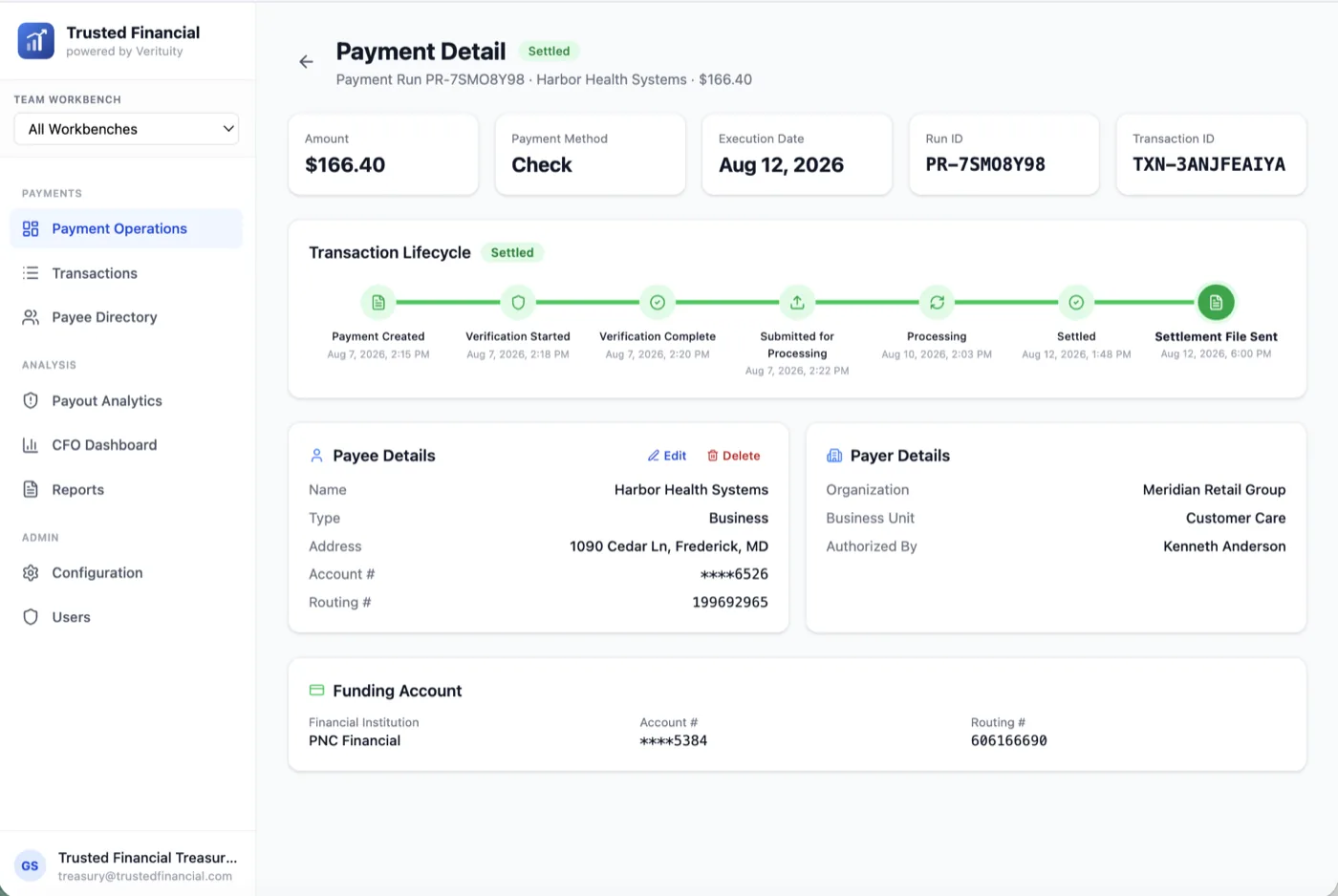 Verituity platform, payment detail with the verification lifecycle